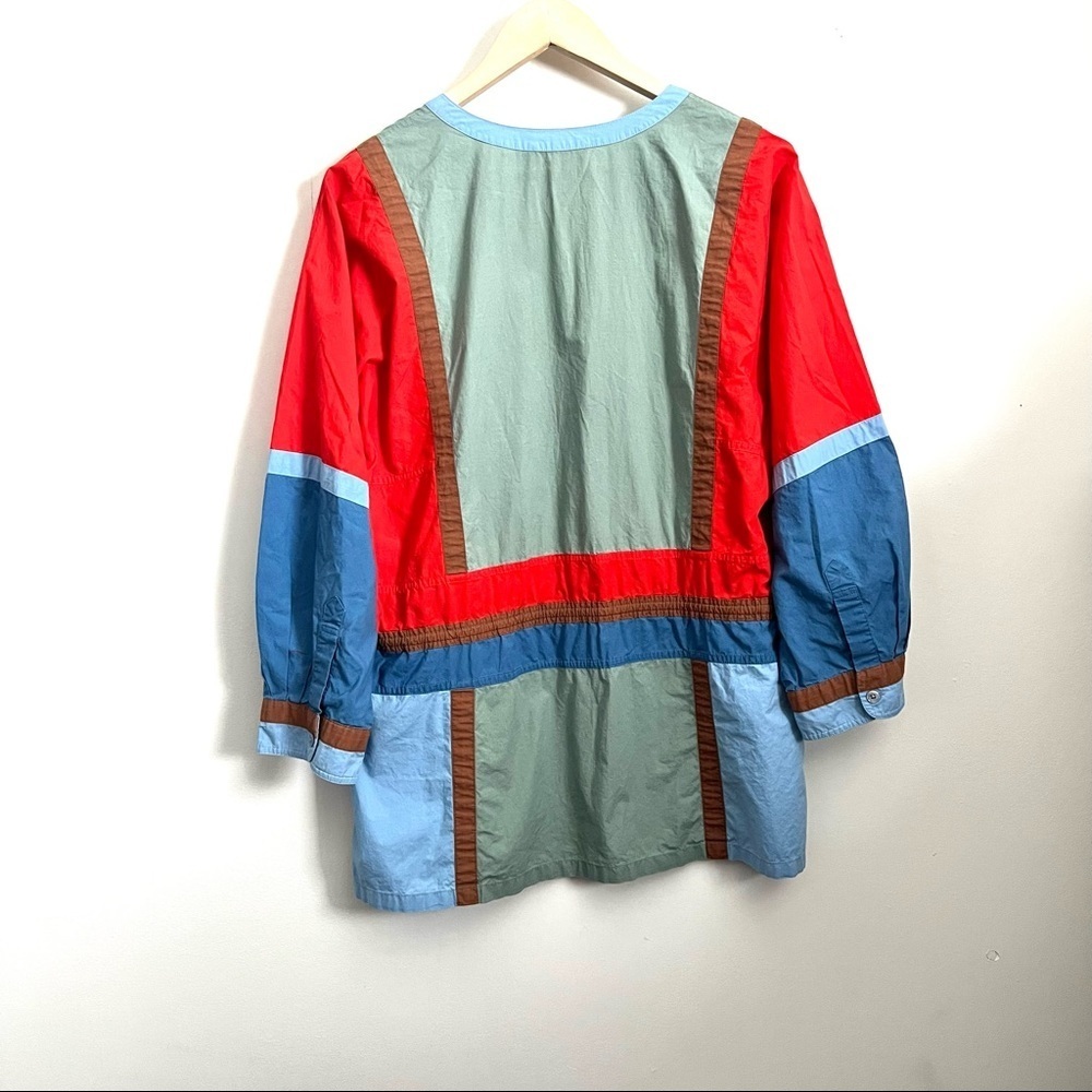 Tory Burch Colorblock Poplin Tunic Top V-Neck 3/4 Sleeve Tie Waist Tasseled - Picture 3 of 11